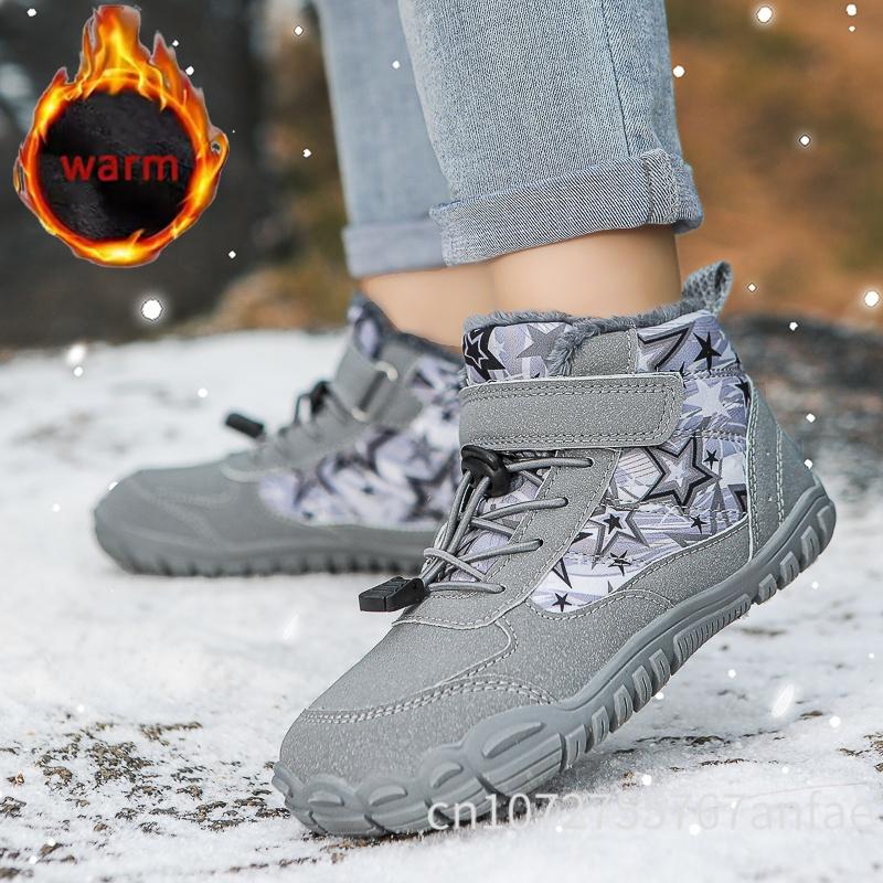 Kids Barefoot Snow Boots Waterproof Wide Toe Cotton Shoes Winter Warm Fur Lined Shoe for Boys Girls Cold Weather Outdoor Sneaker