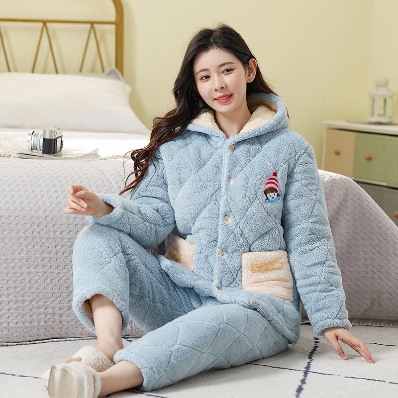 Women's winter pajamas three-layer thickened padded cotton to keep warm and fleece coral fleece padded jacket