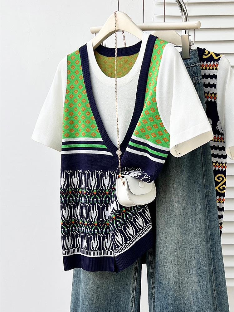 

Plus Size Women s Fair Isle Knit Short-Sleeve Top - Summer 2026 Versatile Slimming T-Shirt XL (100-135 jin) темно-синий