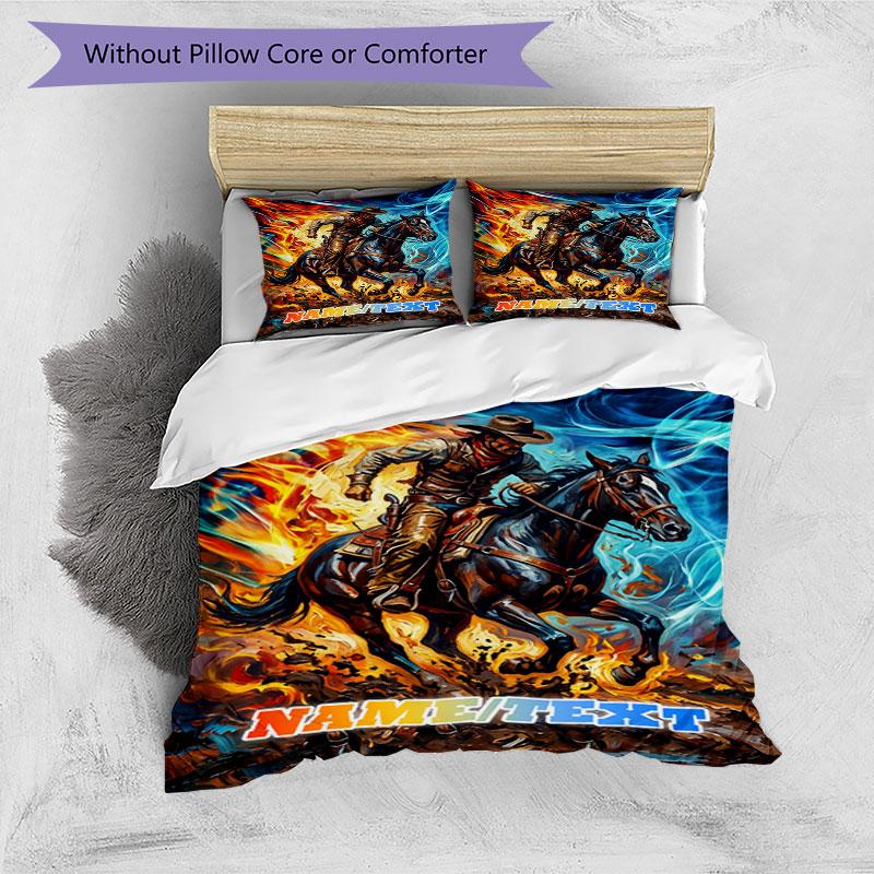 3PC Custom Name Rider Fire Horse Bedding Set Printed  Bedding Set Duvet Cover Closure Includes 1 Duvet Cover & 31 Pillowcases for Bedroom