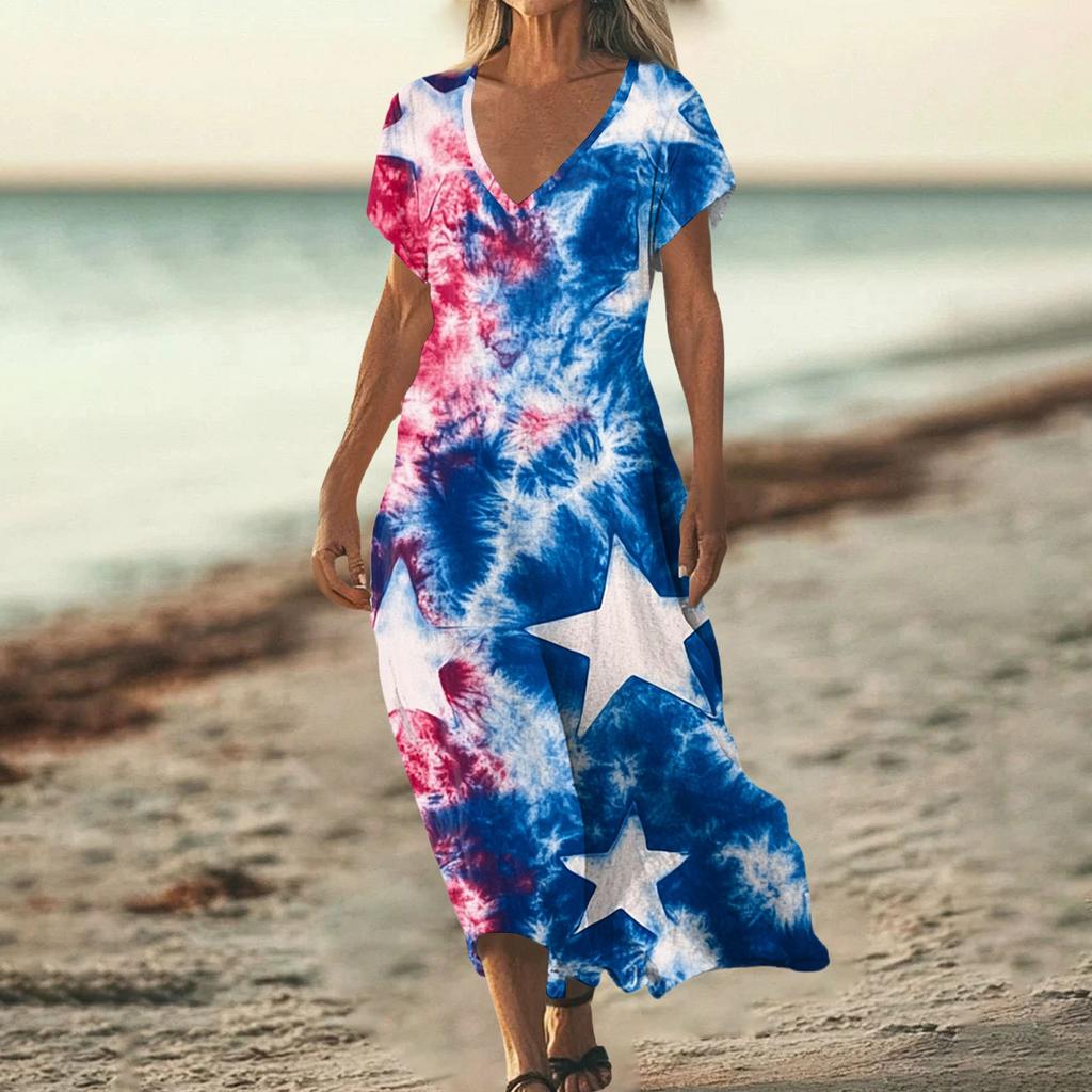 Sommerkleid Damen Lang Strandkleid Elegantes Kleid V-Ausschnitt Kurzarm Sommerkleid Leicht Luftig