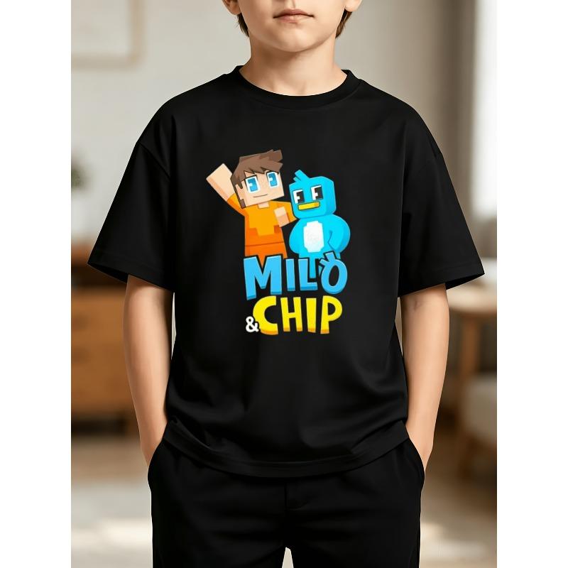 KinTee Co Jongens Crewneck Korte Mouw T-shirt, Milo & Chip Game Karakter Print, 110 zwart