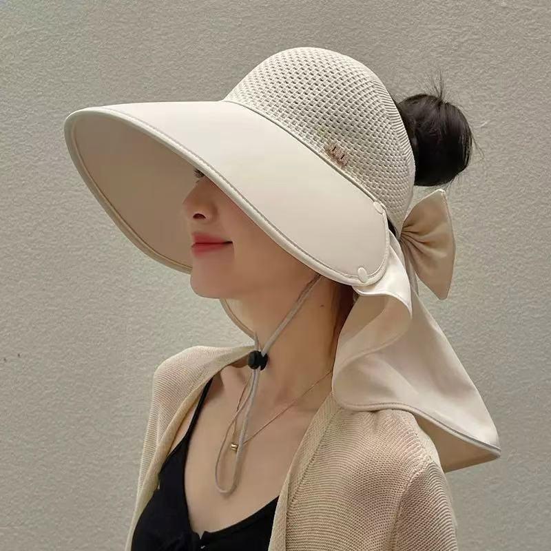 

Solid Color Empty Top Hat for Women Detachable Shawl Sunscreen Mesh Hollow Big Bowknot Cap Girls Lady Wide Brim Hat one size бежевый