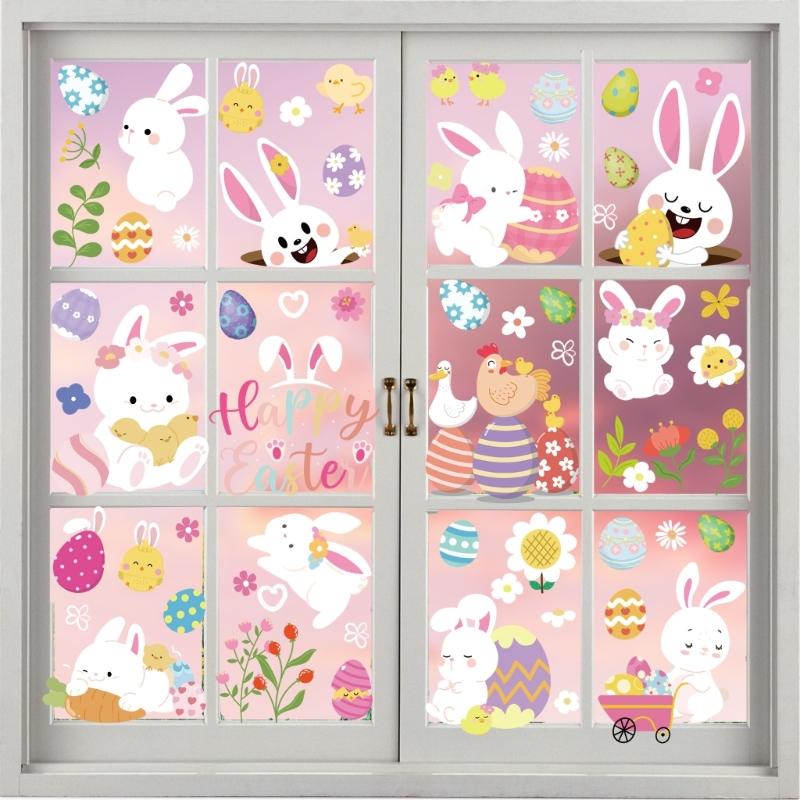 9 Sheets Easters Window Clings Double Sided Bunnies Eggs Chick Sticker for Celebrating Spring Parties Event Decoration