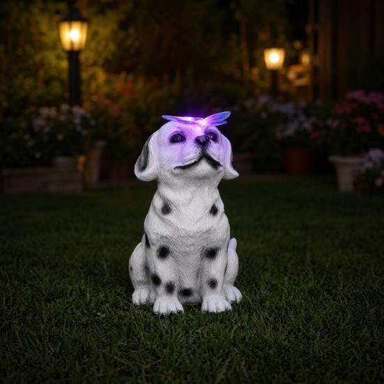 Solar Welpenstatue Licht, Garten gefleckter Hund Schmetterling Solarlicht, Outdoor niedliche Tier Skulptur Licht für Terrasse Rasen Hof
