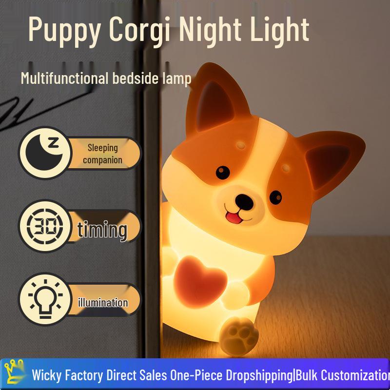 

Милый мультяшный ночник в виде корги - Прикроватная лампа для спальни Three-color Tap