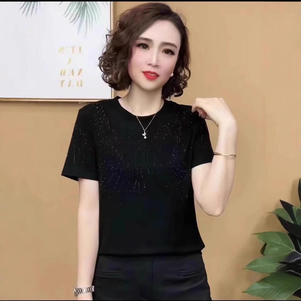 2025 Dámské letní tričko s kamínky: Lichotivý, Volný střih, Krátký rukáv plus size pro ženy středního věku