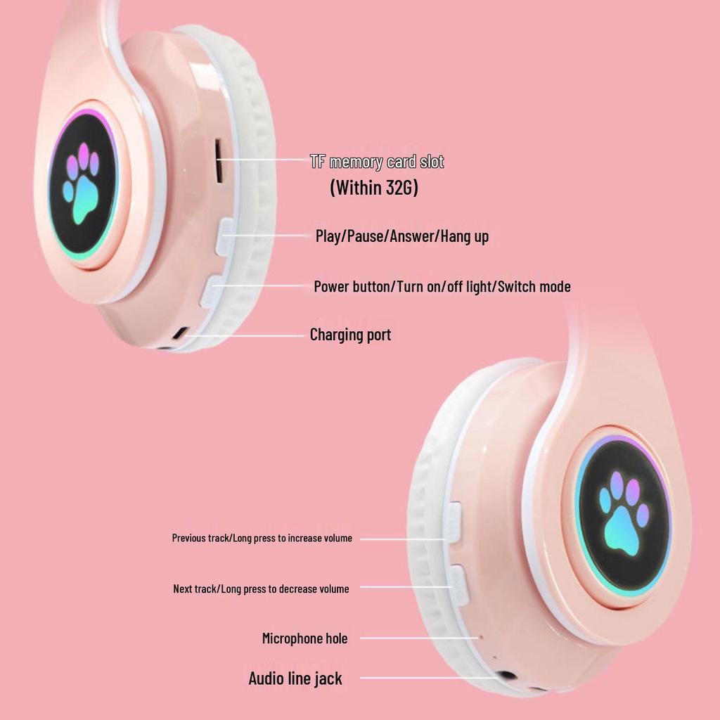 RGB Cat Ear Headband Bluetooth Gaming Headset with Wired Option
