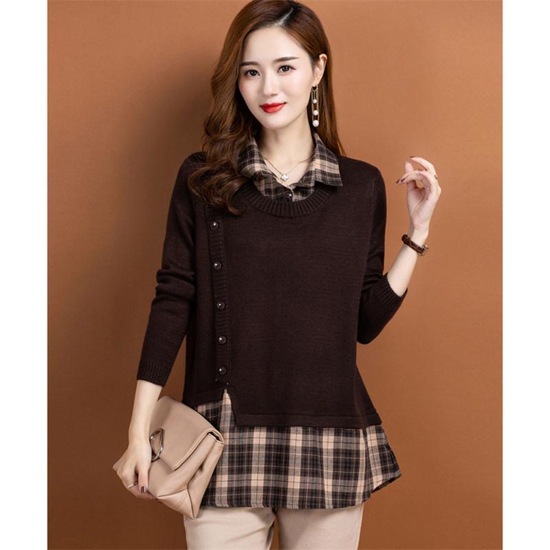 Frühling Herbst Gefälschte Zwei Stücke Pullover Mode Hemd Kragen Plaid Patchwork Gestrickte Pullover Tops Weibliche Pullover Mantel