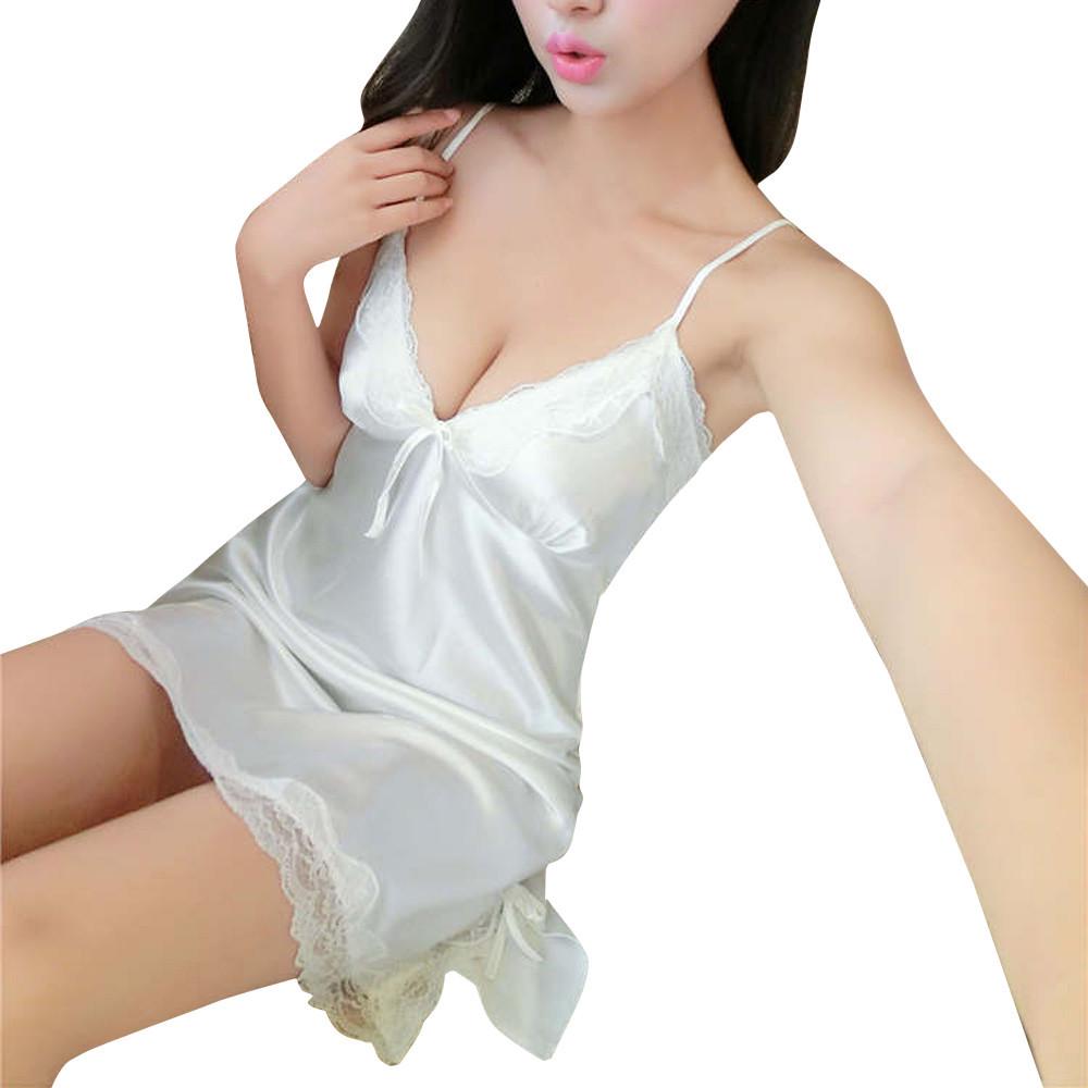 Women Sexy Spaghetti Strap Lace Hem Dress Nightdress Nightwear Sleepwear