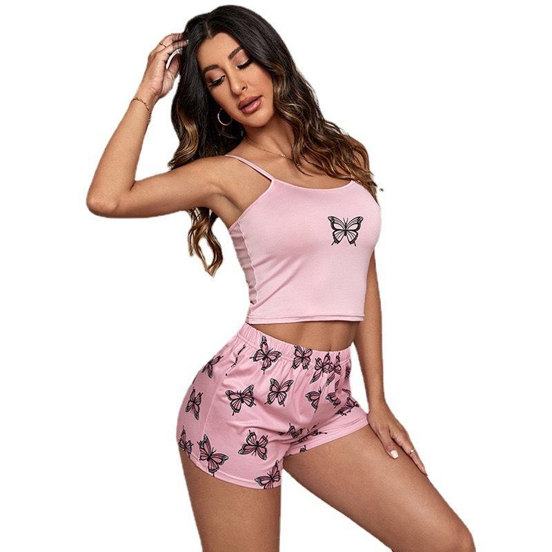 Ladies Camisole Pajamas Set Large Size Summer Camisole Shorts Pajamas Homewear Set Soft Butterfly Print Pajamas Two Sets
