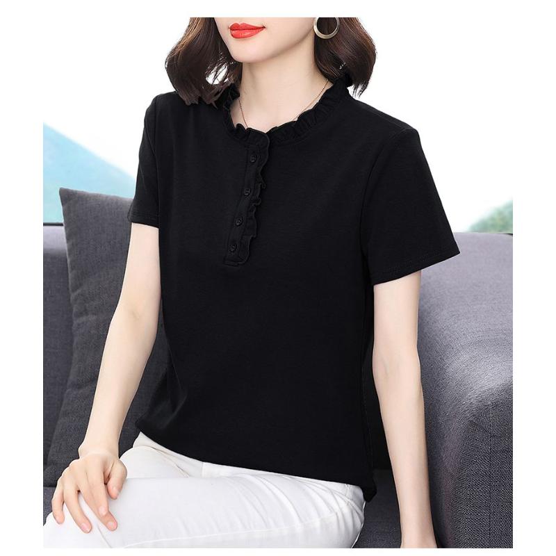 Women's Navy Blue Ruffled Collar Blouse Short Sleeve Button-Down Casual Top