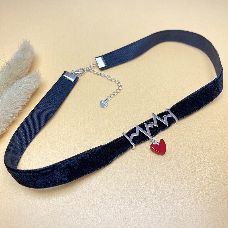 S925 Silver EKG Red Heart Choker Necklace - Black Rope Jewelry for Christmas & Valentine's Day Gift
