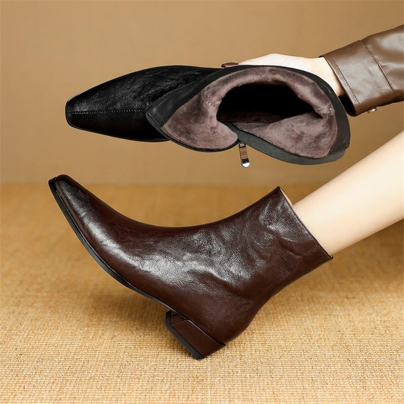 Fashion New Autumn/winter Genuine Leather Women Boot Square Toe Shoes for Women Fashion Boots Low Heels Short Boots Black Boots Handmade