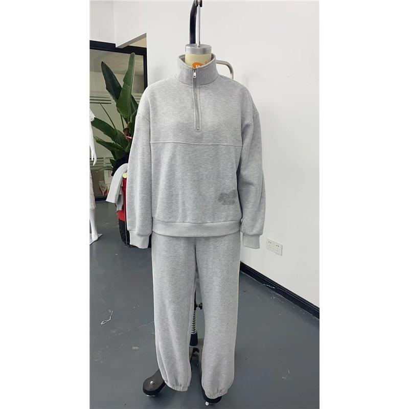 Autumn Winter European And American Half Zipper Stand Up Hoodie Set Solid Color Loose Casual Two Piece Set