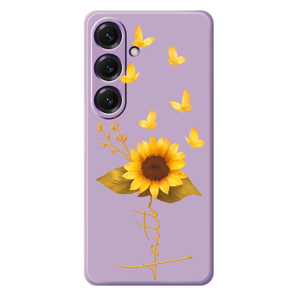 For Samsung Galaxy S25 Case Golden Butterfly Sunflower Pattern Printing Straight Edge TPU Phone Back Cover