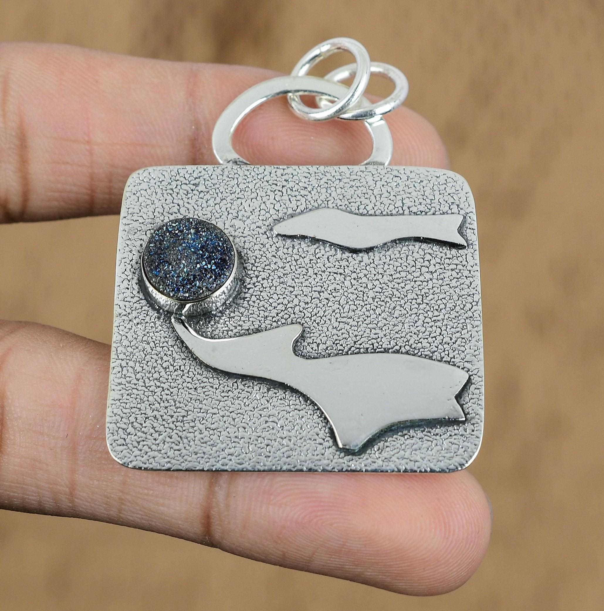 

Round Titanium Druzy Stone Ethnic Birthday Unique New Pendant Jewelry 925 Silver