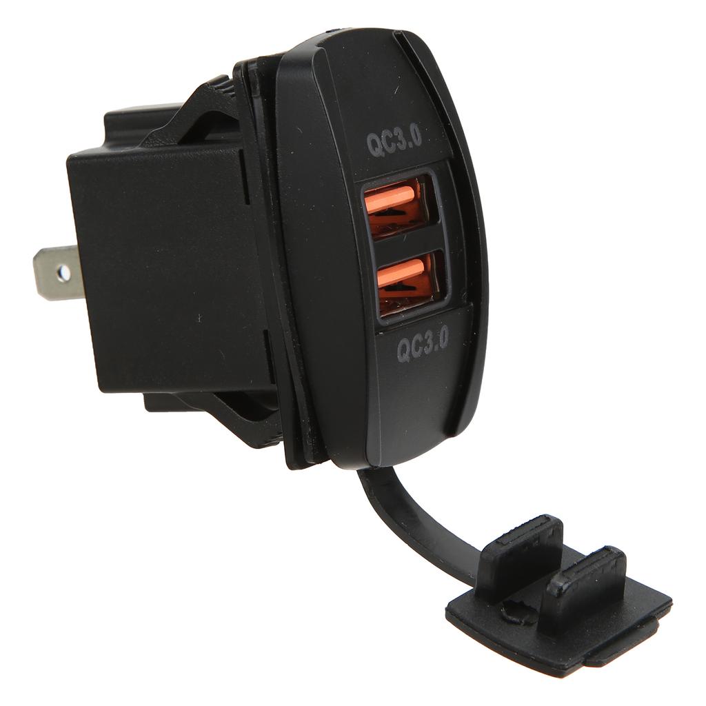 Black Universal Rocker Switch Style Dual USB Car Charger QC3.0 Fast Charge Socket with LED Backlight
