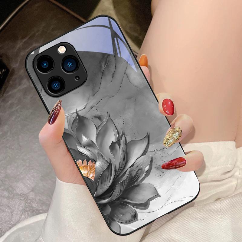 Side Lotus White For IPhone 16 Pro Max 15 Pro 14 13 12 Mini 11 XS Max XR 7 8 Plu SE 2022 Tempered Glass Phone Case