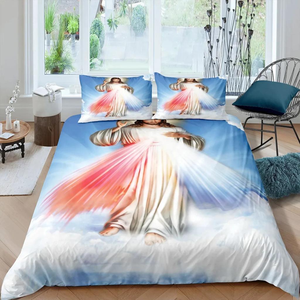 3D Jesus Duvet Cover Christian Sacred Jesus Bedding Set God Bless You Soft Quilt Cover Set King Queen Size For Adults Women Men