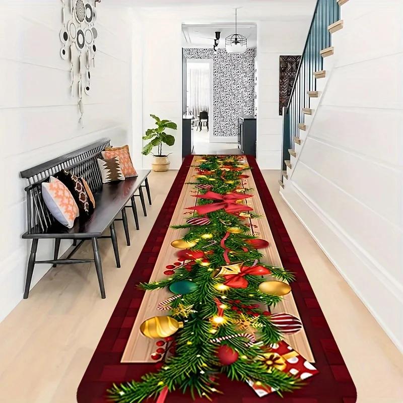 Christmas Snowflake Buffalo Plaid Runner Rug, Non-Slip Festive Floor Mat for Hallway, Entryway Holiday Decor