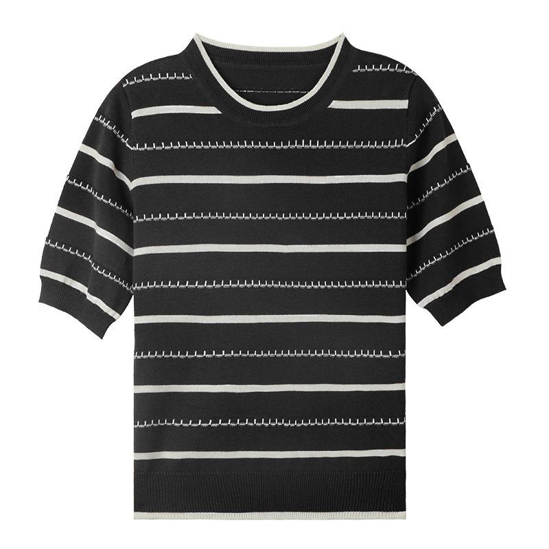 T-shirt a righe a maniche corte da donna Sottile Girocollo Maglione a maniche corte a contrasto Colore Top in maglia da donna