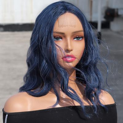 Medium-Length Natural Wavy Wig Without Bangs Lace Front Black Blue Color Synthetic Fiber Wig for Women Daily Wear
