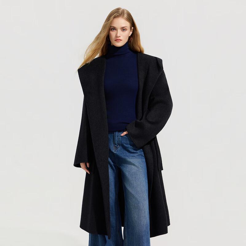 

Женское длинное свободное пальто с капюшоном из мериносовой шерсти M