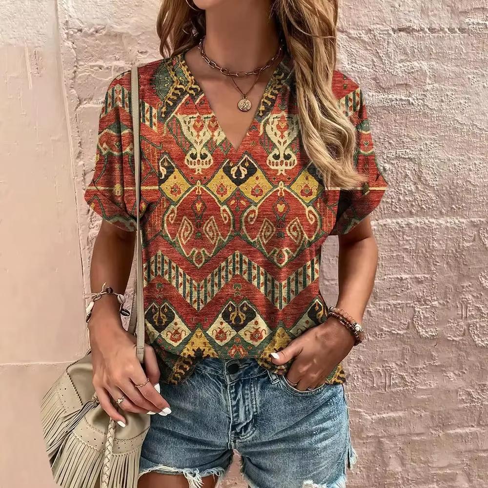 2025 Vintage Flower Pattern 3d Print Ethnic T-shirt Women Fashion V-Neck Short Sleeve Oversized Casual Tops Tees Ladies Clothing