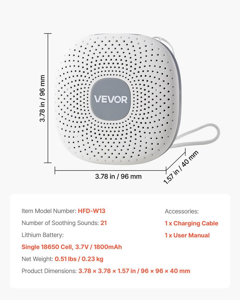VEVOR Sound Machine, 21 Soothing Sleep Sounds, 3-in-1 Portable and Hangable White Noise Sound Machine with Auto-Off Timer