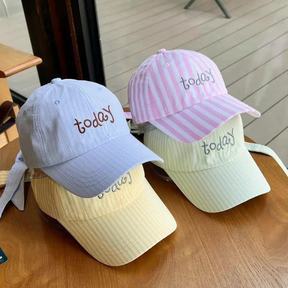 Embroidered Letter Baseball Cap Striped Design Sweet Bow Tie Sun Hat Bow Ribbon Design Cotton Material Embroidered Letter Cap