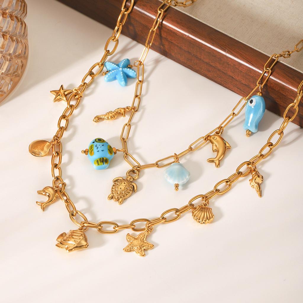 Ocean Themed Titanium Steel Necklace With Starfish Dolphin Seahorse Shell Pendant Choker Chain Women's Jewelry