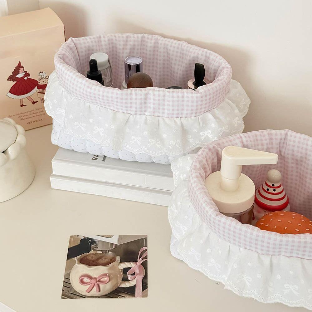 Cute Quilting Cotton Cloth Storage Basket Oval Lace Storage Box Foldable Pink Dots Organizer Box Organizer