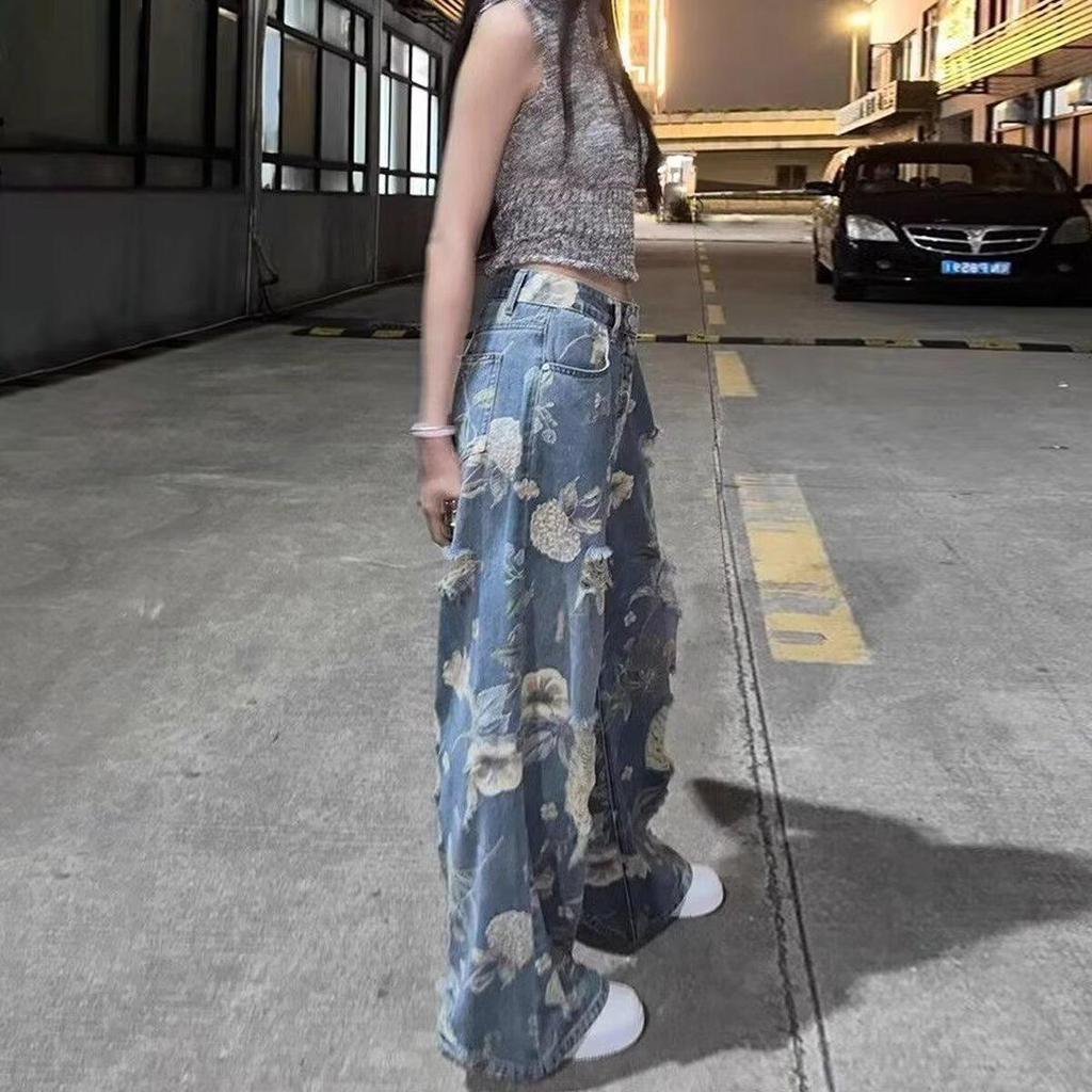 Women's Plus Size High Waist Retro Floral Ripped Wide-Leg Jeans: Summer Straight-Leg Floor-Length Design
