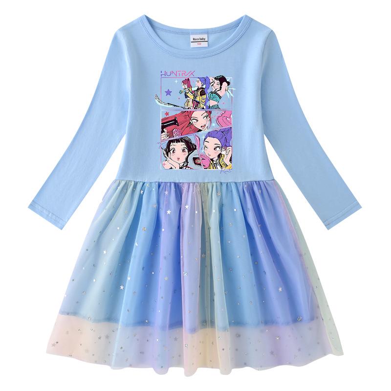Vestido de Princesa Kpop Demon Slayer para Niñas con Lentejuelas Arcoíris y Malla, con Mangas Largas y Cortas para Primavera, Verano y Otoño.
