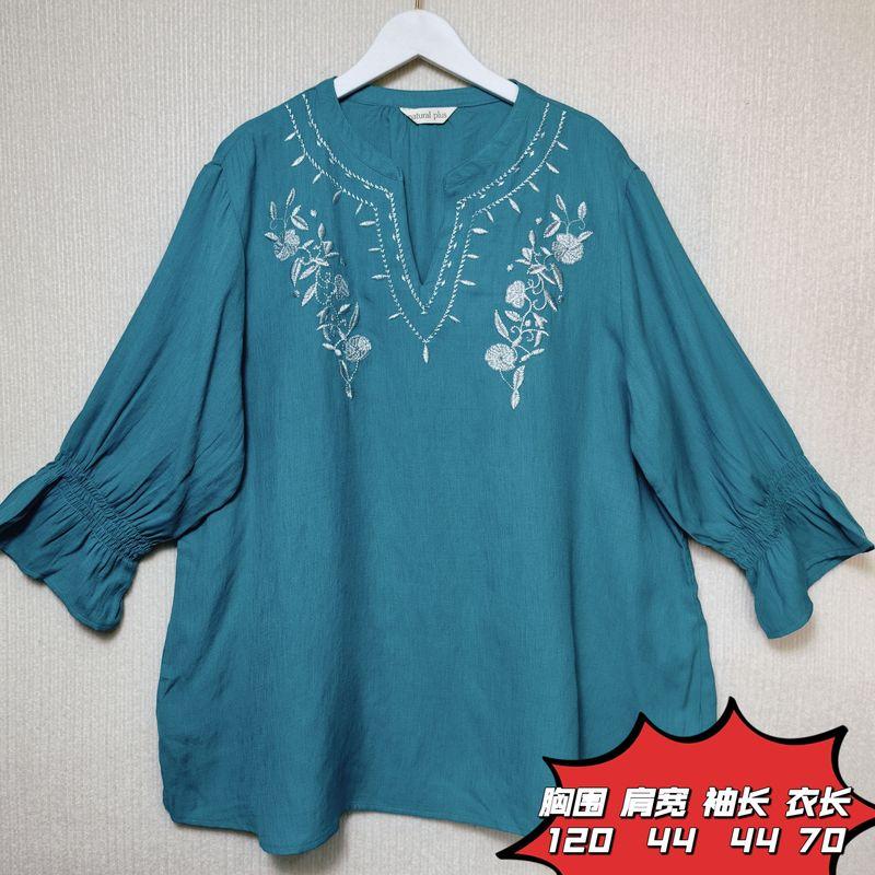 

Export Original Order Leftover Stock Pure Cotton Stripes Open Three-Quarter Sleeve Shirt Women s Front Short Back Length Casual Easiest for Match Cool Peacock green V Neck Embroidered Icon size M