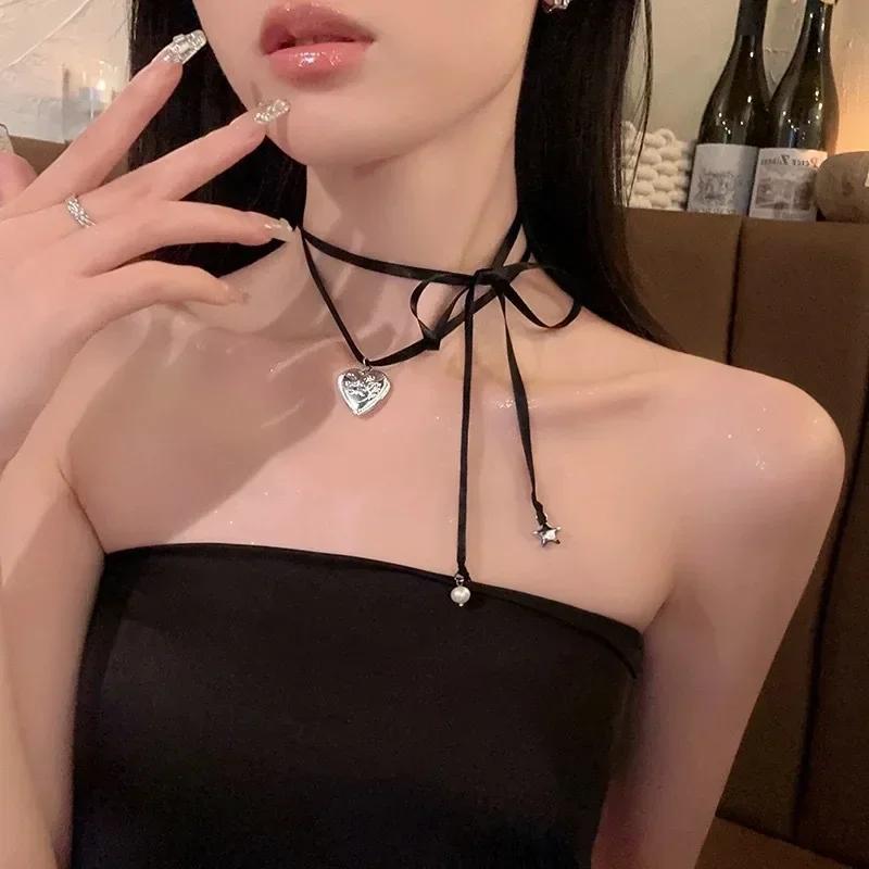 Y2K Pink Rope Tied Peach Heart Pendant Necklace for Women Retro Sweet Harajuku Necklace Charm Aesthetic Jewelry Gift