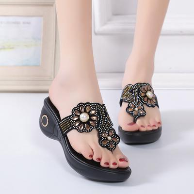 Mode Bloemen Strass Dames Wedge Slippers Zomer Clip Teen Dikke Zool Platform Schoenen Vrouwelijk Outdoor Zacht Comfortabel Dagelijks Slippers