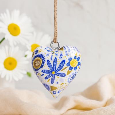 Decorazione Sospesa a Forma di Cuore in Legno, Grande Floreale Blu