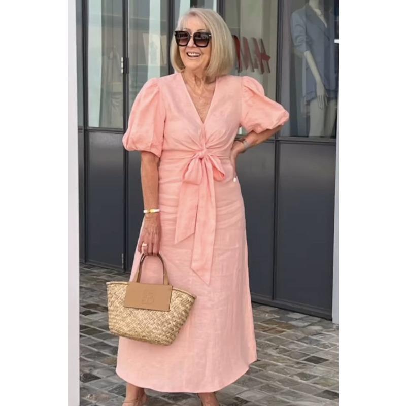 VEZFAA Women's Fashion Summer Spring Solid Color Print Short Sleeve V-Neck High Waist Casual Dresses