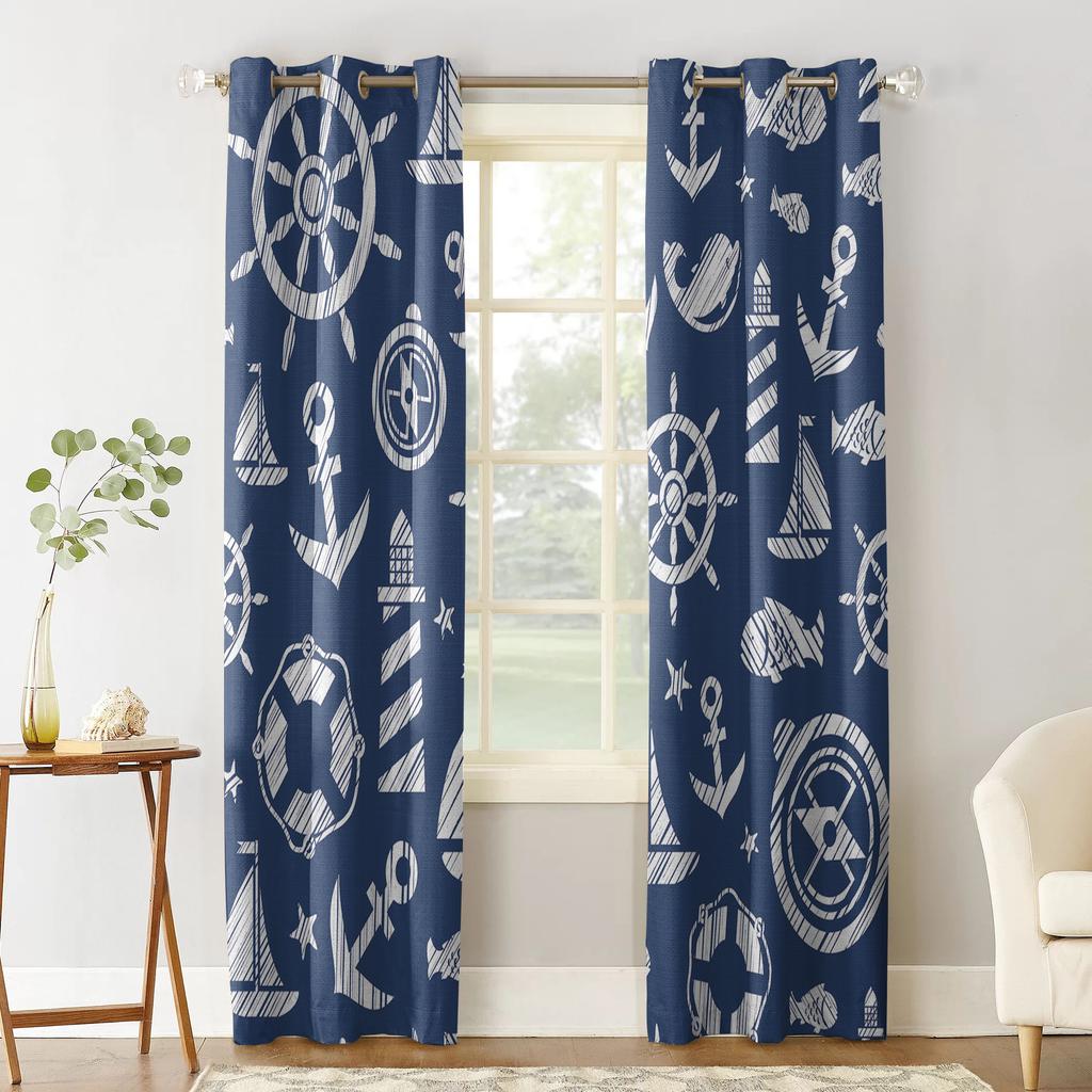 Tenda per Casa Ancora Blu Barca Pesce Camera da Letto Tende per Cucina Articoli Decorativi per Soggiorno Tende per Finestre per Soggiorno