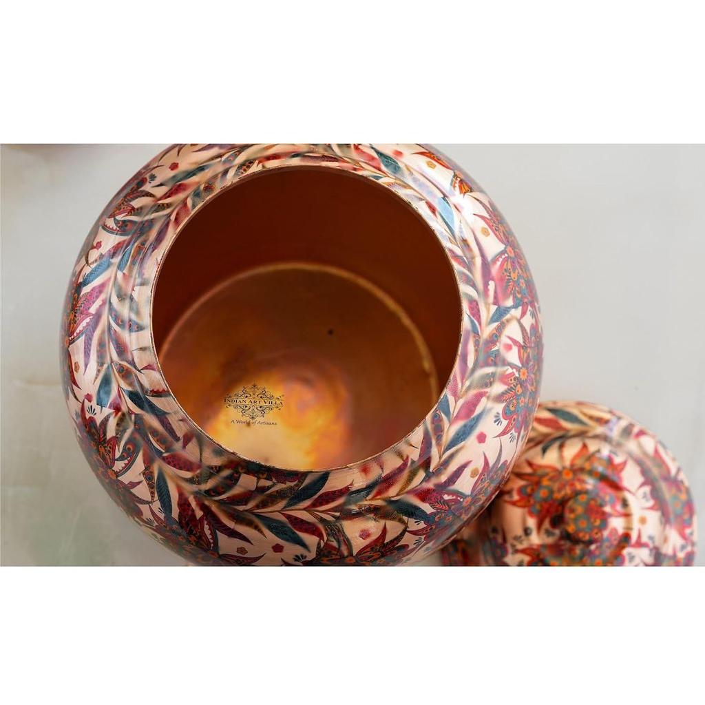Red and Blue Floral Print Design Copper Water Dispenser Pot Matka, Storage, Home Garden, 13 liter