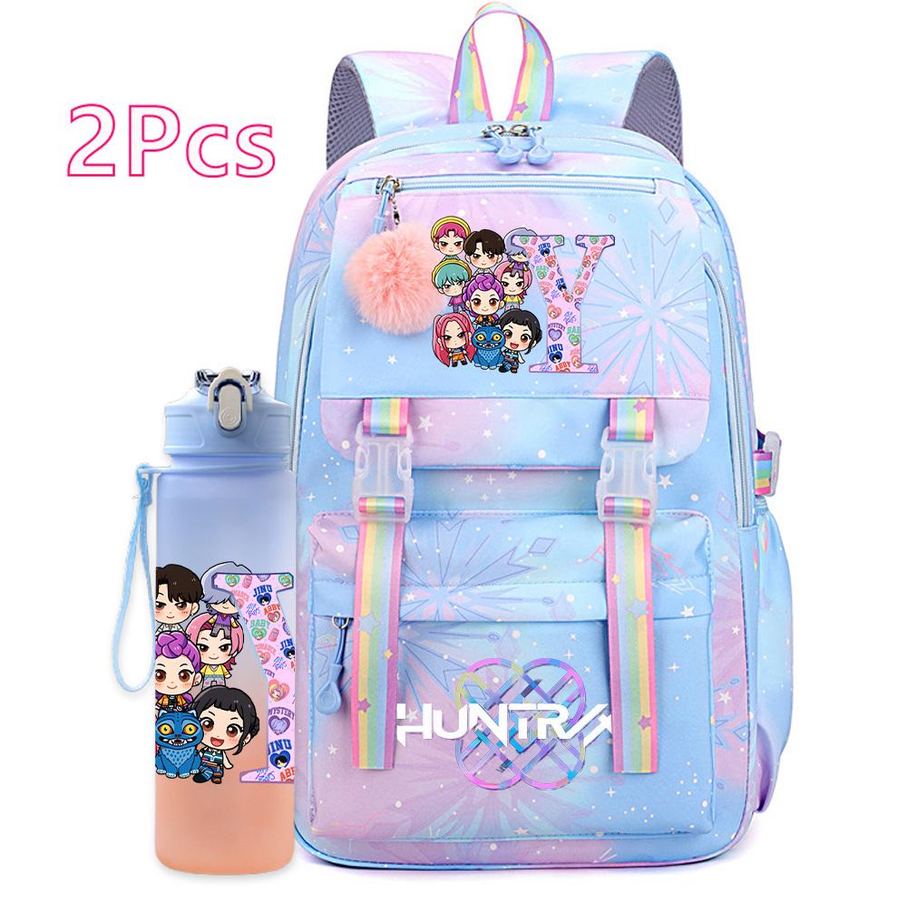 2Pcs/set K-pop Printed Backpack with 750Ml Water Bottler Large Capacity Travel Bag for Teenager Girl Boy Bookbag Kid Gift Large Capacity Bag Mochila