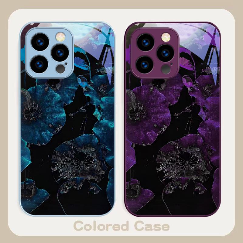 Light luxury lotus leaf For iPhone 16 E 15 14 13 Plus 12 mini 11 Pro Max XR Xs Max X 7 8 P lus 6 6S 22 Tempered Glass Phone Case