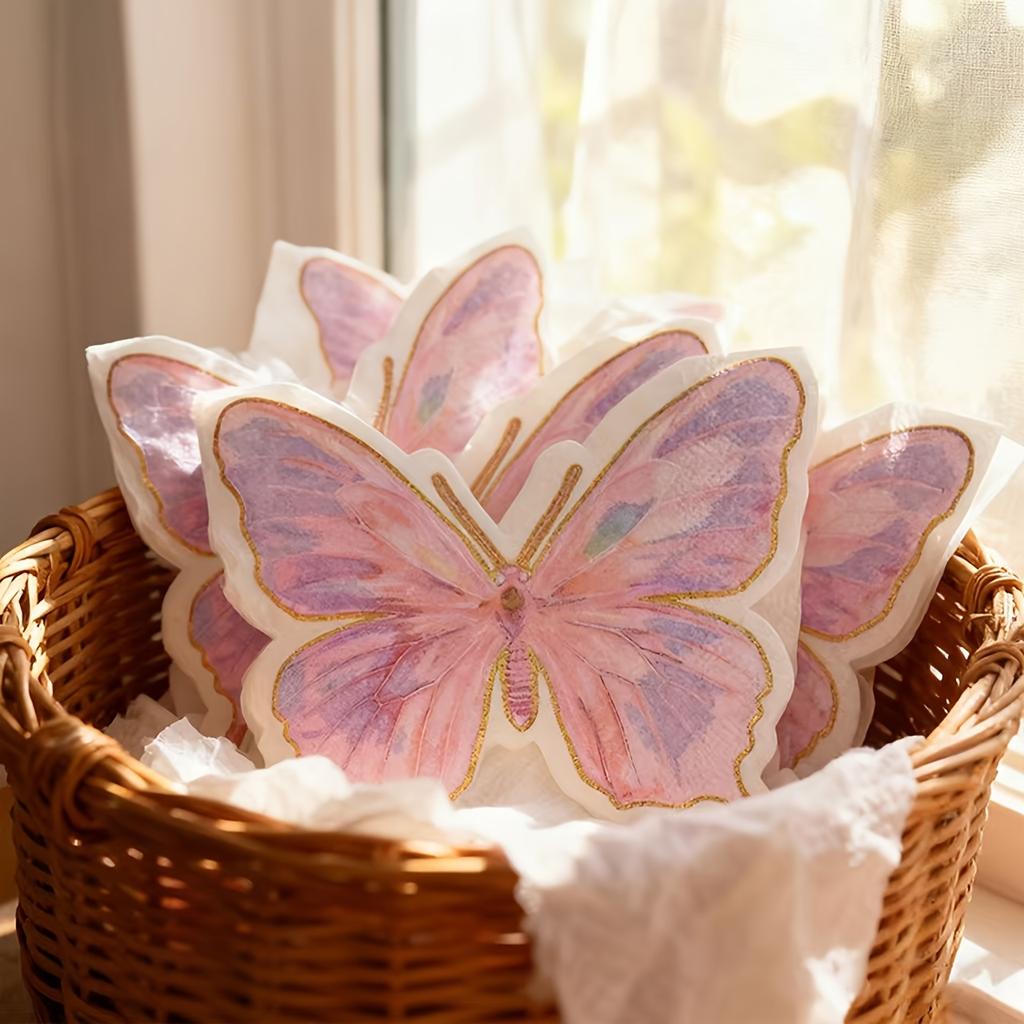 20-Piece Pink Butterfly-Shaped Disposable Napkins, Butterfly-Printed Napkins, Suitable For Mother'S Day, Weddings, Birthday Parties, Family