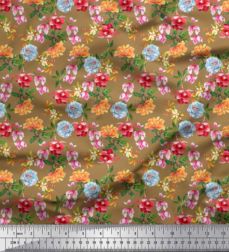 

Soimoi Тканина для рукоділля з японським креповим атласом, листям, півонією та магнолією з квітковим принтом на метри 42 дюйми 42 Inch Wide - Poly Crepe коричневий