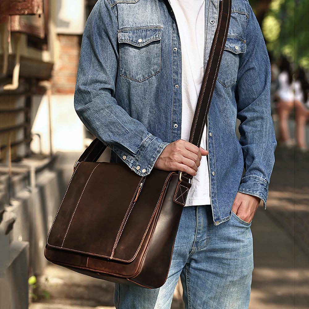 Genuine Leather Men's Crossbody Bag Minimalist High-End Large Capacity Horizontal Flap Design Daily Commuter Shoulder Bag