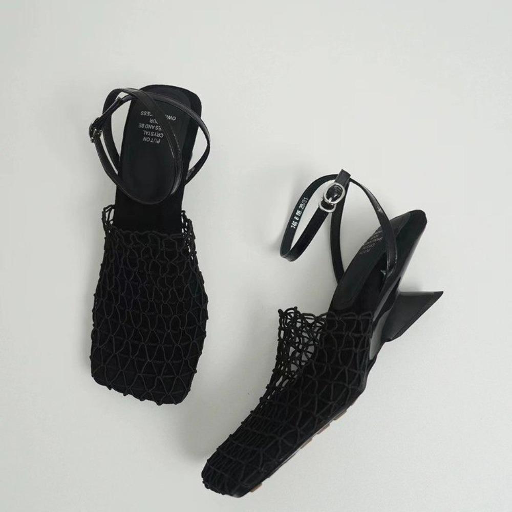 Summer Luxury Designer Sandals Women's Lace Mesh Square Toe Shallow Narrow Strap Braided Slip-on High Heels Sandals