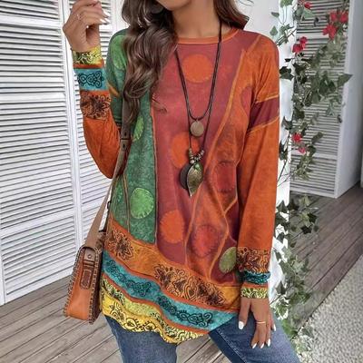 Women's Spring and Autumn Round Neck Retro Printed Long Sleeve Top