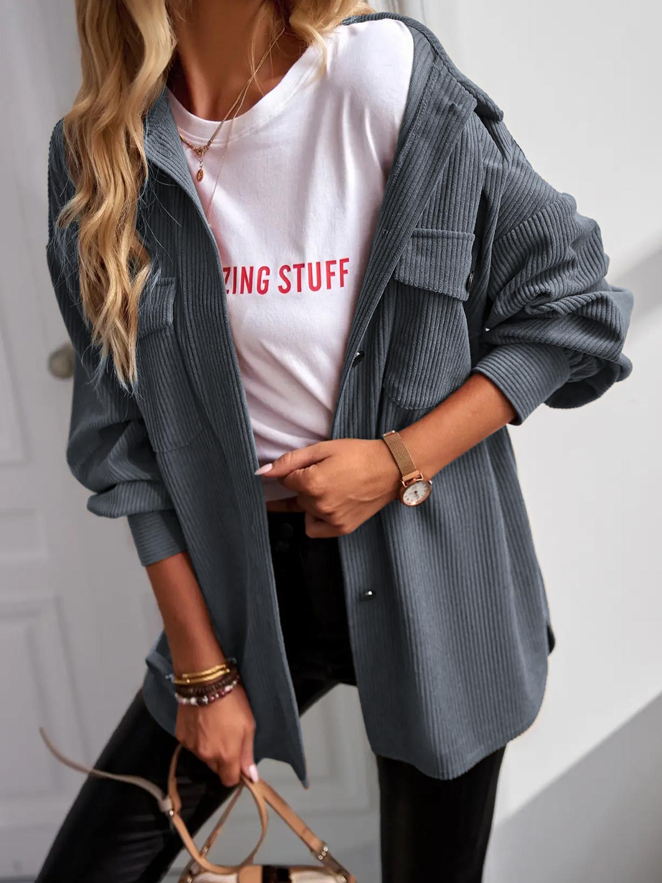 

Жіноча зимова однотонна вельветова куртка на ґудзиках з довгим рукавом, вільне пальто S сірий